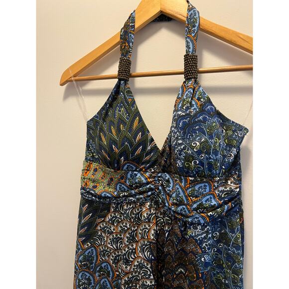 Christina Love Halter Dress Abstract Peacock Print Size Medium JL - Picture 2 of 8
